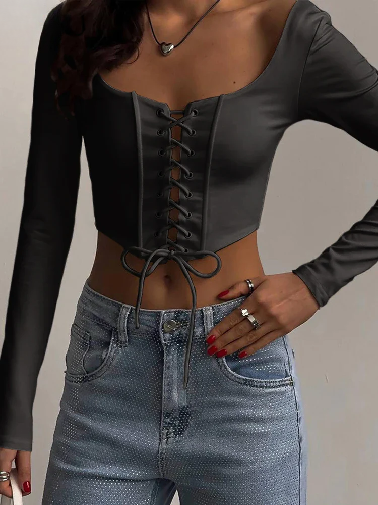 Urban Lace-Up Full Sleeve Skinny Crop Top
