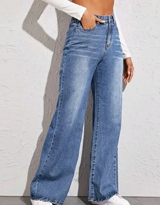 High Waist Straight  Blue Casual Loose Wide Leg Jeans
