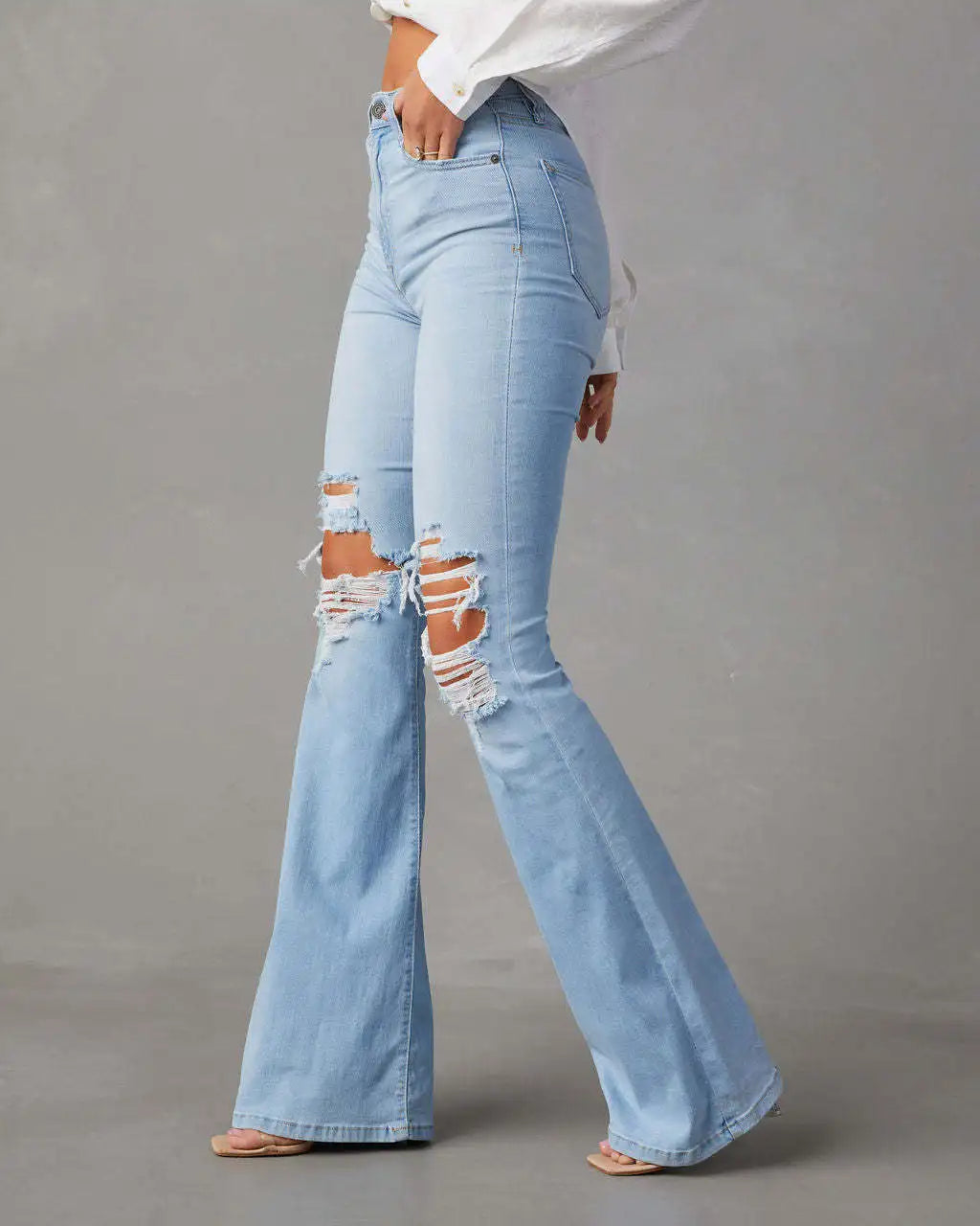 High Waist Pockets Chic Distress Denim