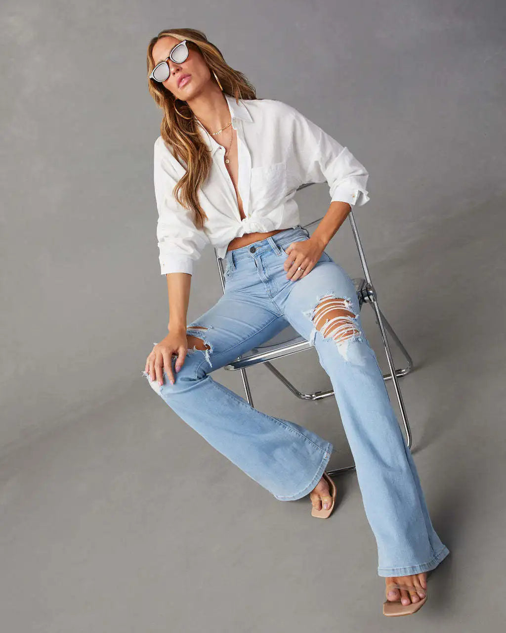 High Waist Pockets Chic Distress Denim