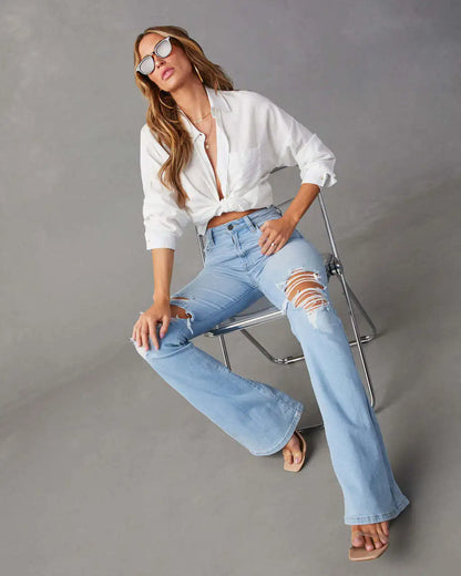 High Waist Pockets Chic Distress Denim