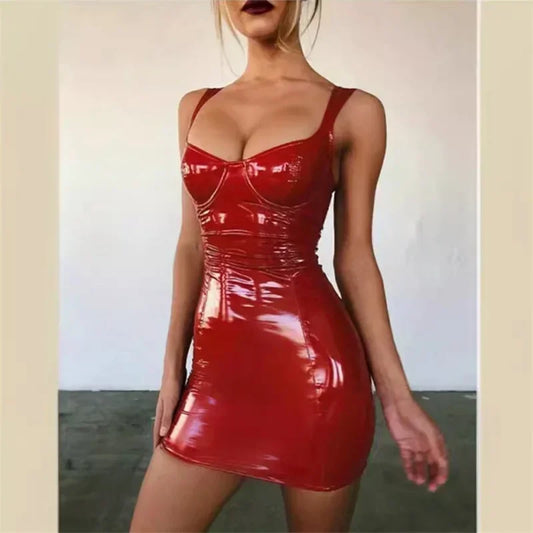 Women Glossy Patent Leather Sleeveless Dresses