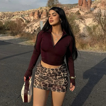 New Sexy Tight High Neck Zipper Crop Top