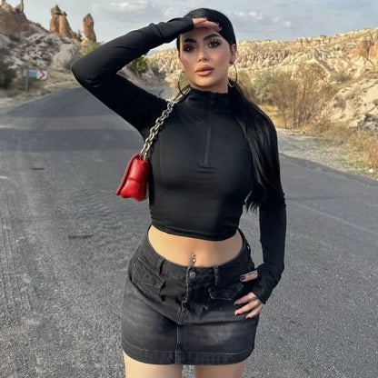 New Sexy Tight High Neck Zipper Crop Top