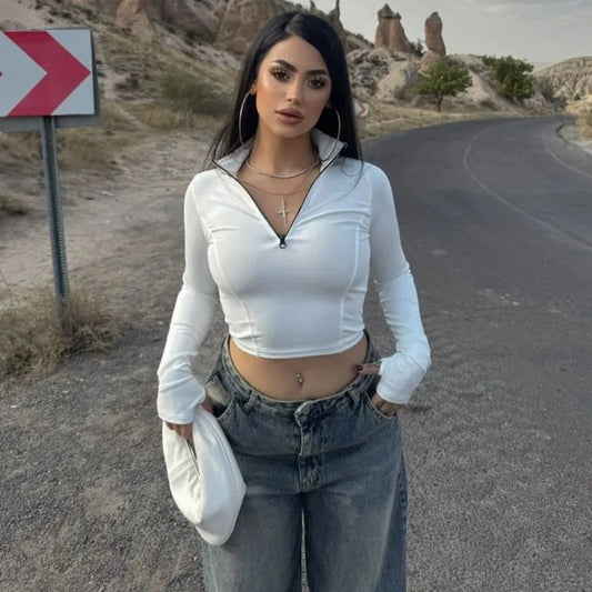 New Sexy Tight High Neck Zipper Crop Top