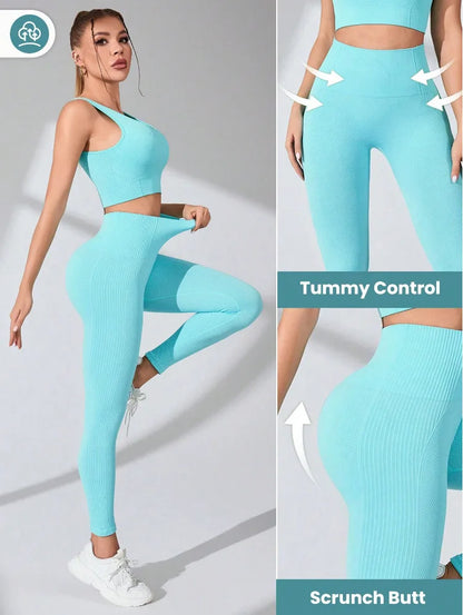 Seamless Yoga Leggings and Cross-Strap Sports Bra Gym Matching Set