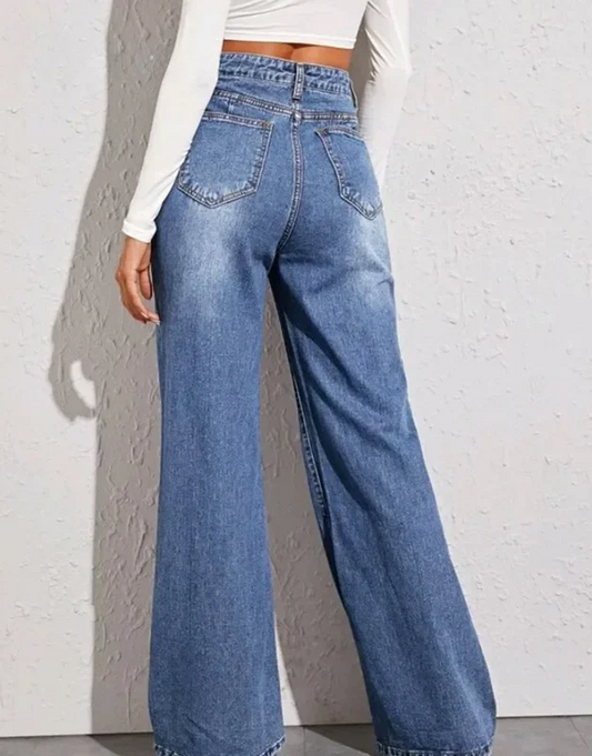 High Waist Straight  Blue Casual Loose Wide Leg Jeans