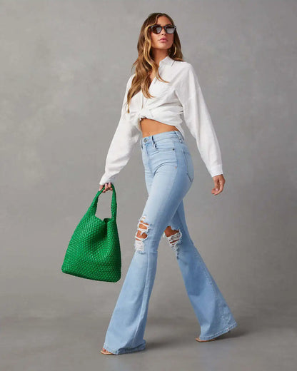 High Waist Pockets Chic Distress Denim