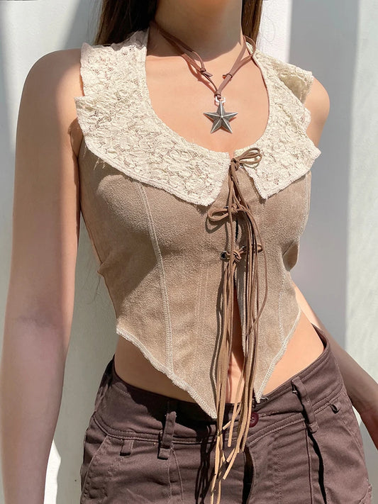 Leather Corset Lace Halter Sleeveless Crop Tops
