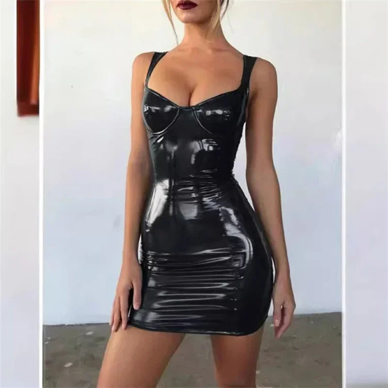 Women Glossy Patent Leather Sleeveless Dresses